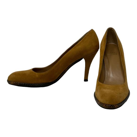 Stuart Weitzman Purist Camel Suede Reptile Skin Trim Heels Pumps Size 7 - Picture 2 of 14